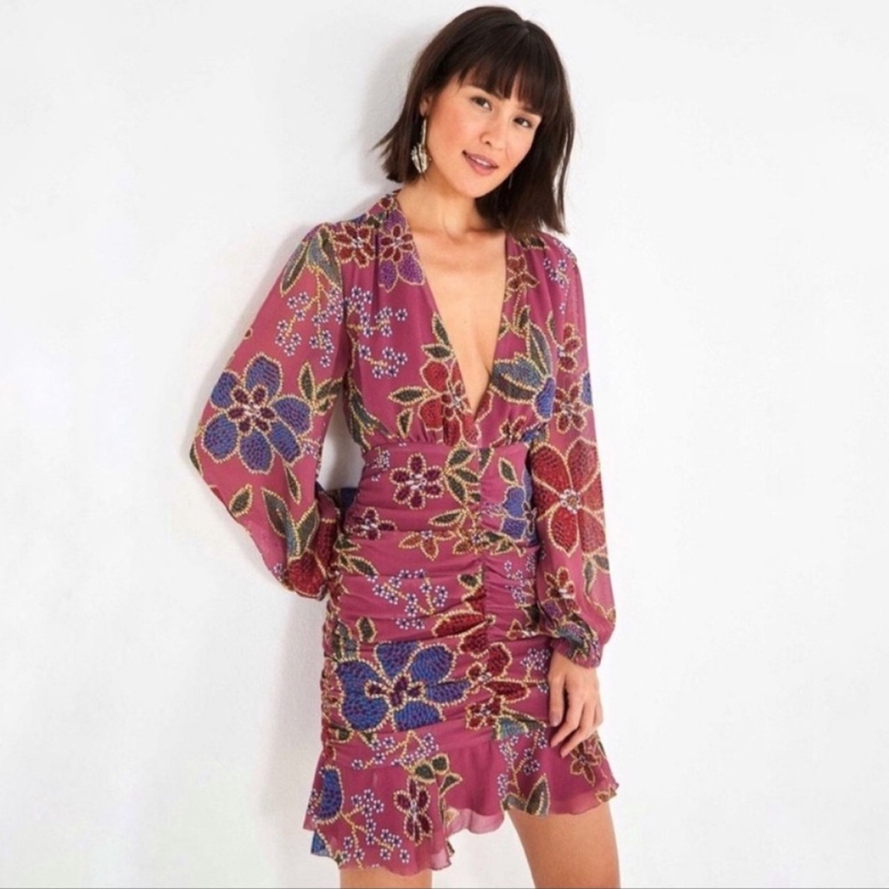 FARM RIO Mauve Pink Blue Floral Long Sleeve Plunging V Ruched Ruffle Mini Dress - Picture 8 of 17
